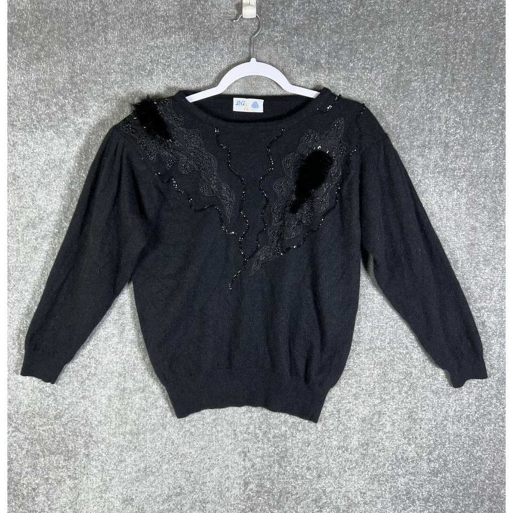Vintage D.G.‎ Wool Knit Sweater Top Womens Sz M/L Black Sequin Beaded Embroidery
